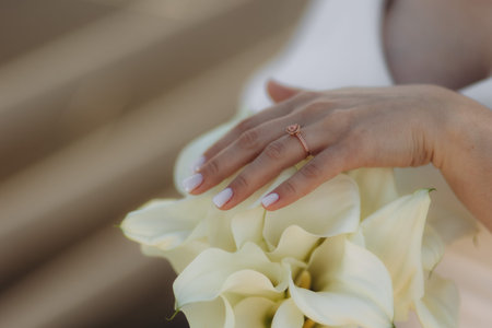 This is wedding bouquet at bride's handsの写真素材