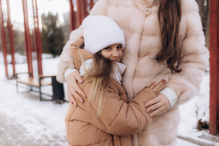 A little girl hugs her mother in the winter outdoorsの写真素材