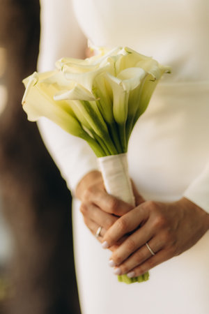 Very beautiful wedding bridal bouquet, made of white roch and austoma, and yellow daisies, green casting of eucalyptus. Wedding, engagement. Bride and groom. Bride's wedding bouquet.の写真素材
