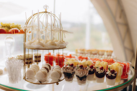 Assorted gourmet appetizers and desserts on display, luxury events, catering, and celebrationsの写真素材