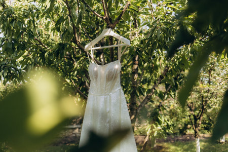 Wedding dress on a hanger in the gardenの写真素材