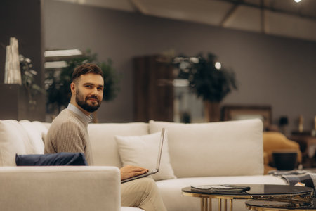 A male furniture salesman works on a laptop in a furniture store
