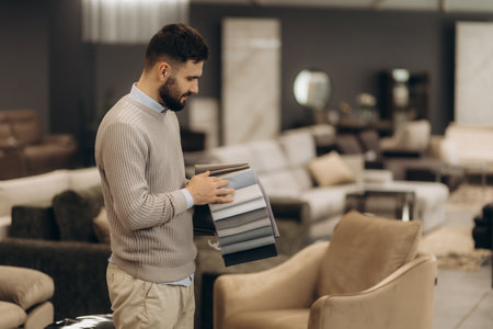A man in a furniture store. The man is holding a catalogue of fabric coloursの写真素材
