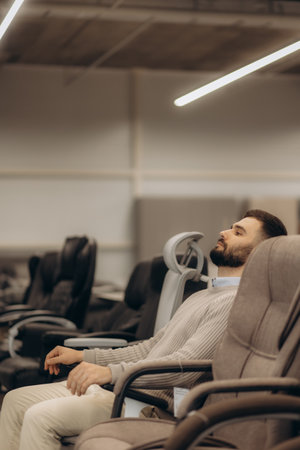 A man tries out a computer chair in a furniture storeの写真素材