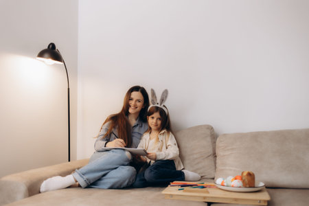 A mother and her daughter share a loving moment on the couch with Easter decorations around. The...