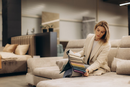 A woman examines fabric swatches while seated on a stylish sofa in a contemporary furniture showroom, showcasing an elegant blend of textures and interior design selection process.の写真素材