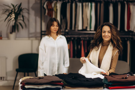 Two women interactively browse through stylish clothing in a boutique, surrounded by neatly arranged apparel and a cozy atmosphere, emphasizing style, shopping, and friendly engagement.の写真素材