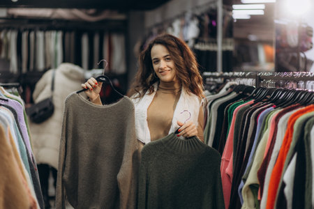 A cheerful woman examines sweaters while shopping in a cozy clothing store, showcasing fashion choices.の写真素材