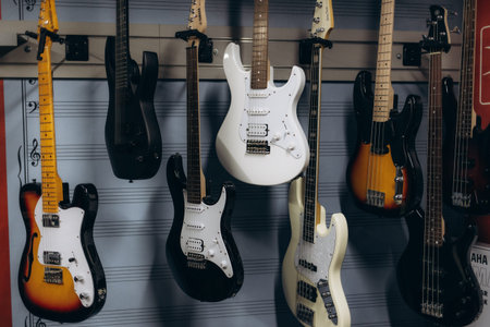 Various electric and bass guitars displayed on wall mounts in a music-themed environment, showcasing...