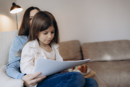 A heartfelt moment of a mother and daughter bonding while reading together in their home, showcasing warmth, family love, and childhood development.の写真素材