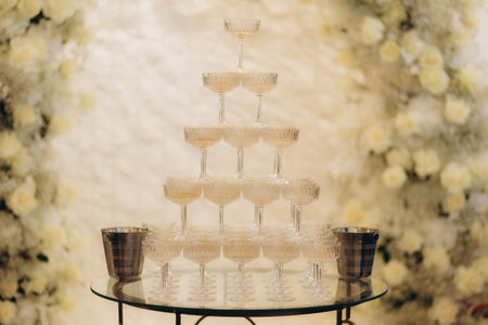 A towering arrangement of champagne glasses decorated elegantly, placed on a glass surface with a floral decorative background, perfect for celebrations and formal events.の写真素材