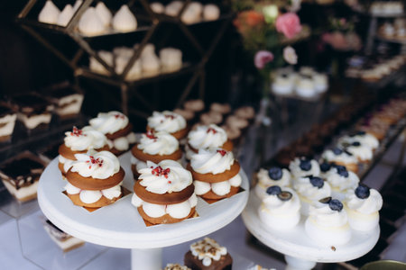 Delicious and expertly designed pastries arranged beautifully on white pedestals for a special occasion, enhancing the atmosphere and providing a luxurious visual and culinary experience.の写真素材