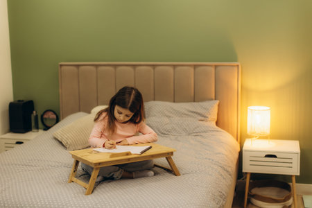 A young girl focuses on writing in a notebook while sitting on a cozy bed with a warm lamp beside...