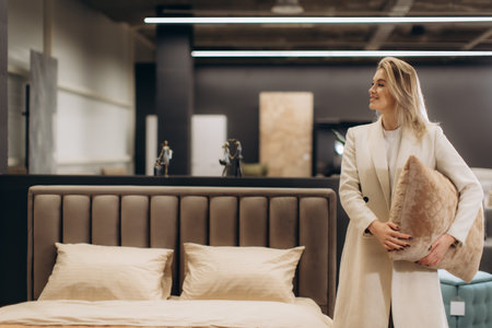 A woman holding a plush pillow smiles while standing near a stylish bed in an upscale furniture store, representing comfort, interior decoration, and modern lifestyle choices.の写真素材