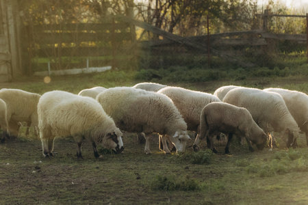 A quiet pastoral scene with a group of sheep grazing in a sunlit grassy field, surrounded by a rustic countryside atmosphere and soft natural light, conveying calmness, simplicity, and bucolic charm.の写真素材