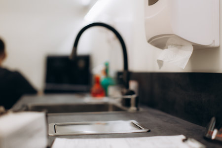 Contemporary kitchen featuring a faucet, paper towel dispenser, and cleaning items on a sleek counter setup.の写真素材