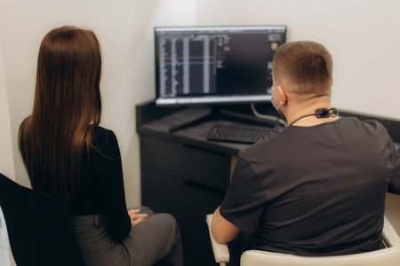 A patient meets with a medical professional in a clinical setting, discussing health-related matters...