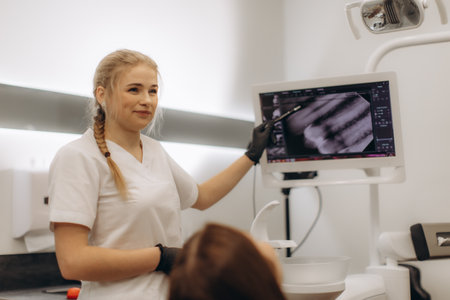 Female dentist in white uniform presenting dental X-rays on a monitor to a patient, demonstrating modern dental care technology and patient interaction in a clean and professional medical environment.の写真素材