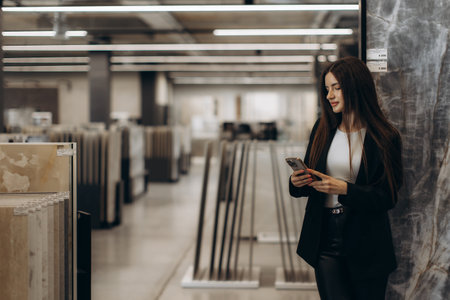 A professional woman in a showroom looking at her smartphone with stylish decor surrounds. She appears focused and modern, representing business and technology in a contemporary setting.の写真素材