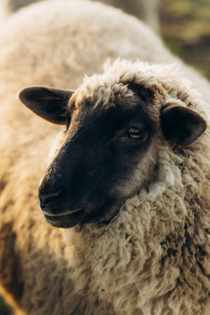 Captivating close-up of a sheep, highlighting its woolly coat and calm demeanor, captured...
