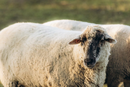 A sheep standing in a grassy field, displaying its fluffy wool under soft natural light, evoking a...