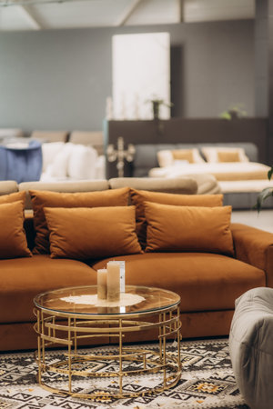 Elegant living room interior showcasing a plush orange sofa with soft cushions, an ornate glass-top coffee table with decorative accessories, and a cozy ambiance perfect for relaxation and style.の写真素材