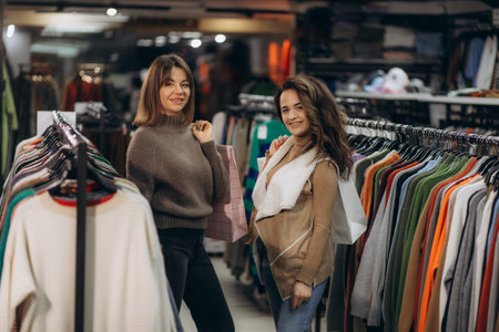 Two women enjoy shopping in a stylish clothing store, standing by clothing racks and holding shopping bags. They are smiling and appear relaxed and happy, showcasing the joy of shopping together.の写真素材