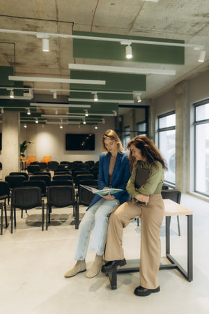 Two professional women collaborating in a stylish, contemporary conference room with ample seating....