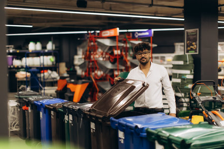 Man wearing glasses and white shirt inspecting colorful recycling bins in a storage supply store. The setting is organized with various products, emphasizing preparation and sustainability-related supplies.の写真素材