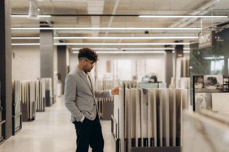 A man in a light blazer examines tile samples in a modern, well-lit showroom specializing in interior design materials.の写真素材