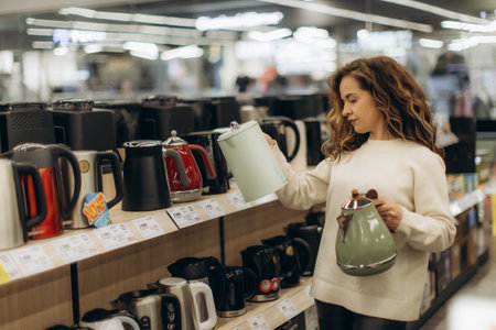 A young woman is seen choosing electric kettles in a store's appliance section. She compares different models thoughtfully, showcasing consumer shopping in an indoor retail environment for modern electric appliances.の写真素材