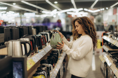 A young woman examines an electric kettle on display in an electronics store. She appears thoughtful while deciding among various products, reflecting careful consideration and consumer choice.の写真素材