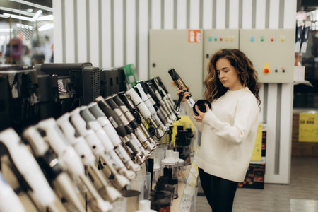 Young woman browsing a variety of electronics at a modern store, inspecting products.