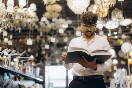 A focused man studies a book while in a lighting store with numerous chandeliers, creating a bright and elegant ambiance. The scene exudes curiosity, focus, and a charming interior setting.の写真素材