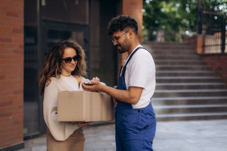 Courier scanning a package barcode with a mobile phone while a woman receives her parcel at the door of her homeの写真素材