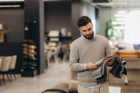 A man examines various fabric swatches for a sofa in a contemporary furniture store, surrounded by a sleek and stylish setting. The image captures the decision-making process during a shopping experience.の写真素材