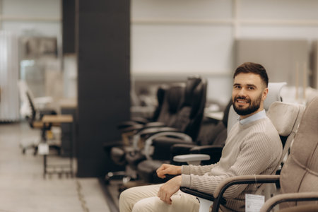 A cheerful man trying a chair in an office furniture store. Various seats are visible in the background, representing a range of ergonomic office furniture options for professional and home use.の写真素材