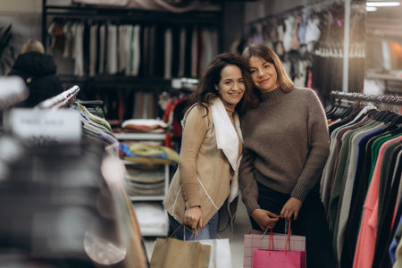 Two friends exploring a clothing store, enjoying their shopping experience while holding shopping bags. They are surrounded by racks filled with assorted garments in a modern retail environment.の写真素材