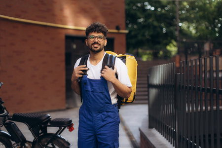 Delivery man wearing blue overalls carrying yellow insulated backpack walking near his scooter in the cityの写真素材