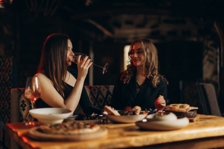 Two friends share a dining experience while enjoying wine at a stylish restaurant setting,...