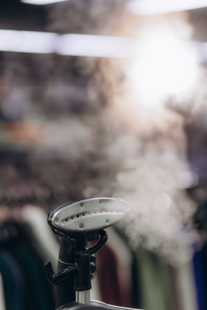 Electric garment steamer releasing visible vapor in a retail environment with clothing racks blurred in the background, emphasizing convenient and efficient clothes steaming in modern settings.の写真素材