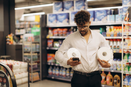 A male shopper in a store aisle holding toilet paper rolls while using a smartphone. The setting highlights modern shopping, decision-making, and consumer lifestyle in a well-lit retail environment.の写真素材