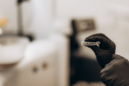 A close-up view of a professional wearing black gloves and holding a transparent dental aligner in a medical environment. Perfect for illustrating modern dentistry or orthodontic tools and techniques.の写真素材