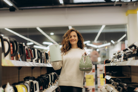 A young woman browsing in an electronics store, happily choosing kettles for purchase.の写真素材