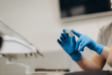 Dentist wearing blue gloves holding a transparent aligner for teeth straightening inside a dental clinic. Dentist shows aligners, braces, capsの写真素材