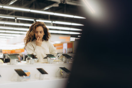 A thoughtful young woman explores electronics in a vibrant store, assessing options while surrounded by displays of modern technology, fostering a sense of curiosity and decision-making.の写真素材