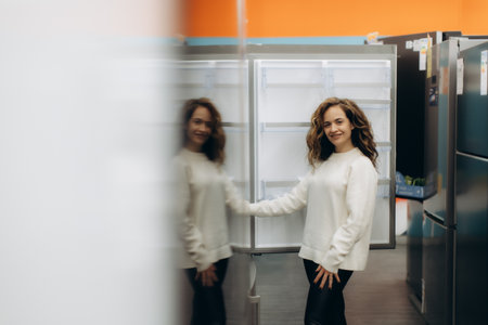 A cheerful woman examines modern refrigerators at an electronics store, showcasing a friendly and inviting expression. The setting emphasizes modern appliances and customer lifestyles within a retail environment.の写真素材