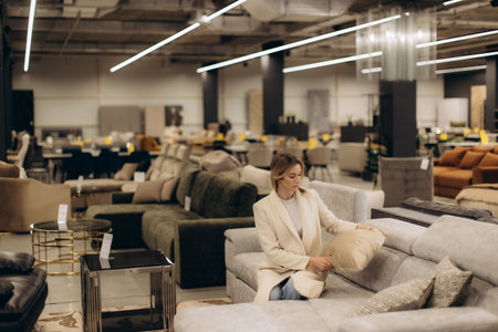 A woman in a contemporary retail space selecting furniture, showcasing interior design and lifestyle.の写真素材