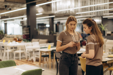Two young women engaging in conversation and reviewing a smartphone, situated in a chic and contemporary furniture showroom featuring stylish and modern interior dÃ©cor.の写真素材