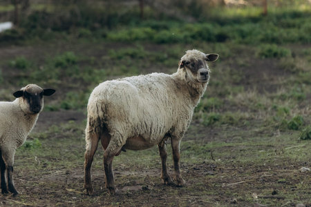 Two sheep standing calmly in a grass pasture, showcasing serene rural life and harmonious nature.の写真素材